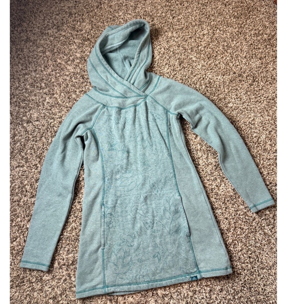 Prana Women XS Blue Green Paisley Fleece Hooded Tunic Sweatshirt dress W23180811